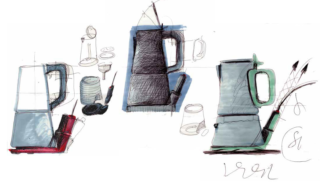 Sketches of the Girmi electric coffee maker, styled by designer Luca Meda