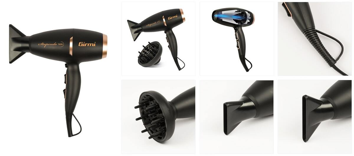 Bilder-Collage des professionellen Bürstenlosen Haartrockners Splendid mit entsprechendem Zubehör 