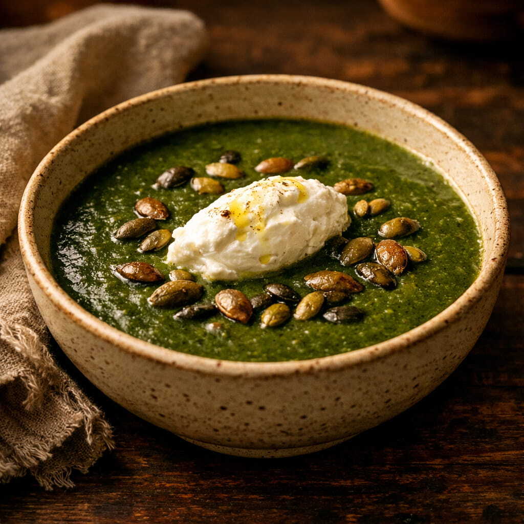 Crema verde di bietole, zucchine e broccolo romano con caprino e semi di zucca