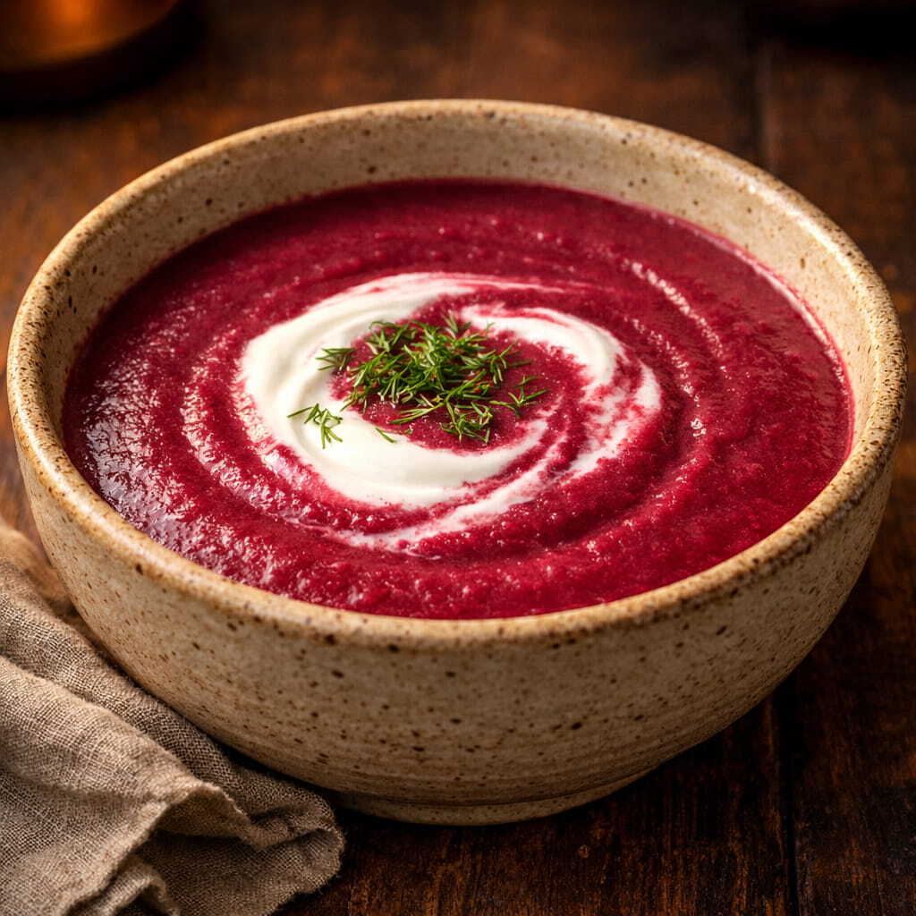 Crema di barbabietola, patata e sedano con yogurt greco e aneto