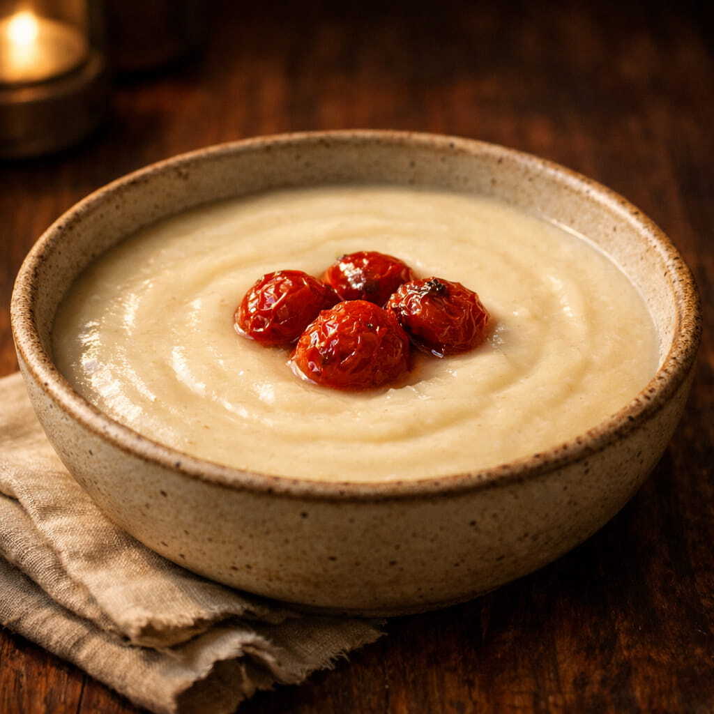 Crema di cannellini e porro con pomodorini confit o bacon croccante