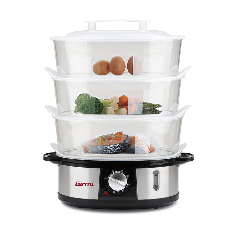 Vaporizador eléctrico Girmi VP26 de varios niveles para cocinar verduras, pescado y arroz con el mismo vapor, ahorrando tiempo y energía.